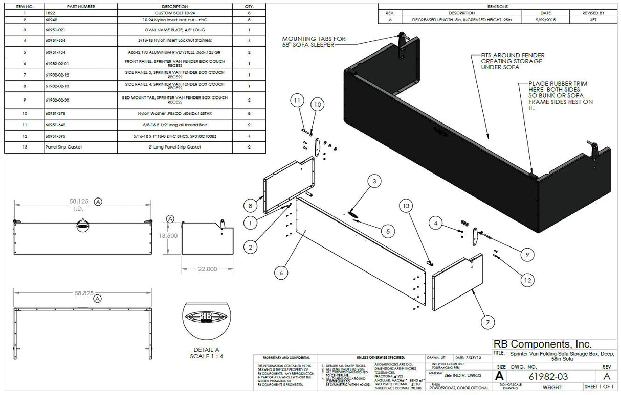 RB Components Sofa Storage Box, 58", Deep