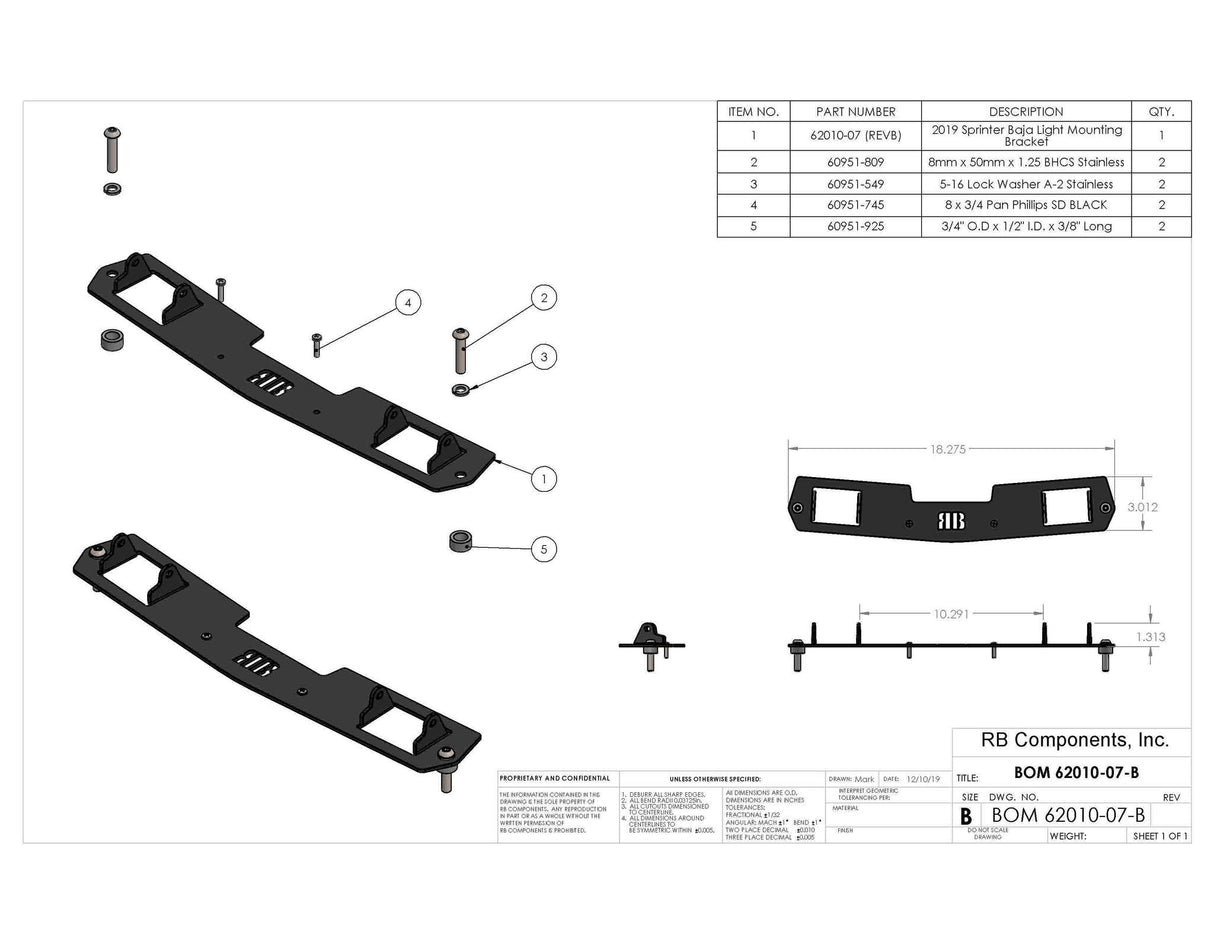 RB Components Sprinter Van 2 Light Mounting Bracket
