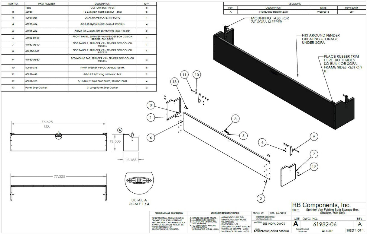 RB Components Sofa Storage Box, 76", Shallow