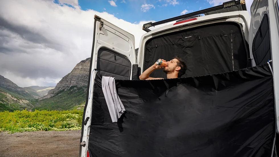 Van Essential Shower/Rear Screen (enjoying the shower) - Campervan HQ