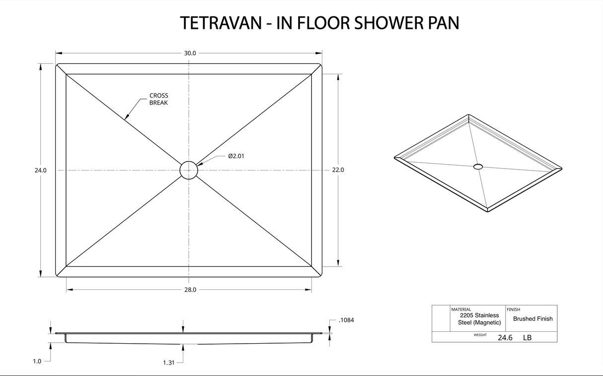 Tetravan In-Floor Shower Pan STAINLESS STEEL