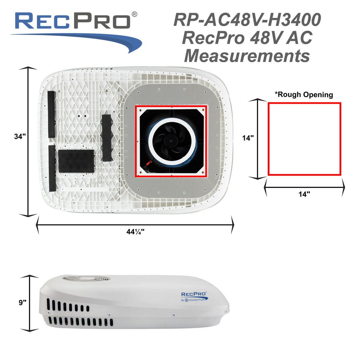 RecPro 48V RV Air Conditioner with Heat Pump - 13,500 BTU
