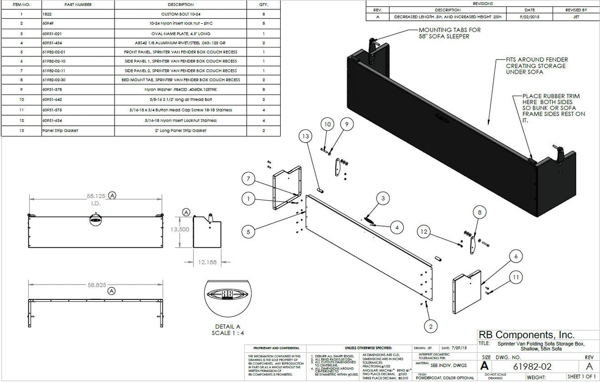 RB Components Sofa Storage Box, 58", Shallow