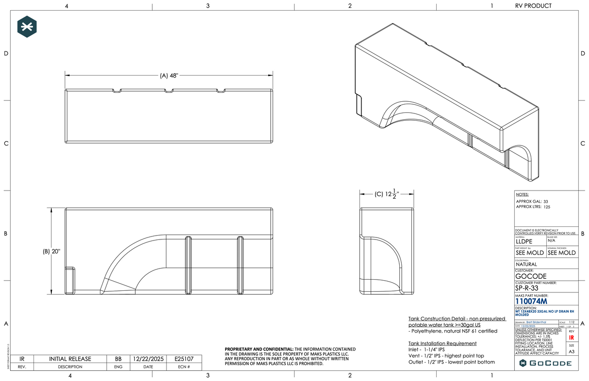 Northwest Conversions 33 Gallon 1997+ Sprinter Wheel Well Water Tank - Right (SP-R-33)