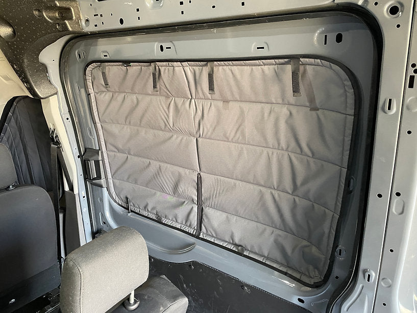 Van Essential Ford Transit Sliding Door Window Cover (Cool Gray Color)_Installed - Campervan HQ