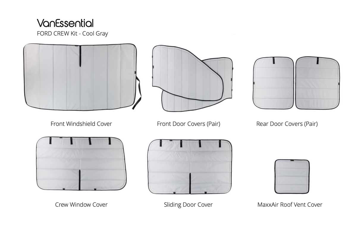 Van Essential Ford Transit Crew Window Covers - Full Set (Cool Gray Option) - Campervan HQ