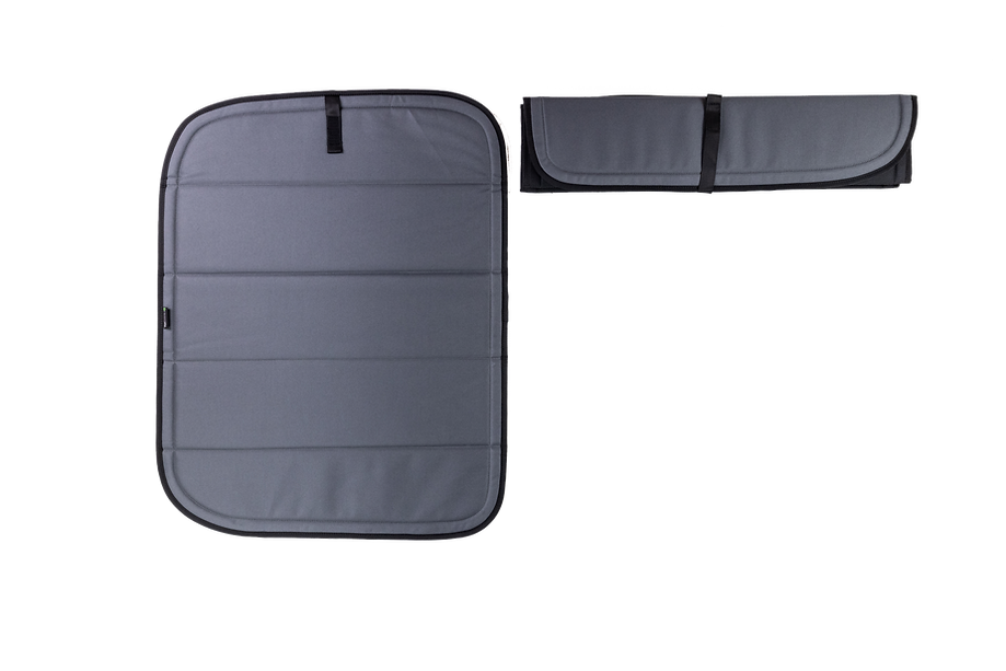 Van Essential Ford Transit Rear Door Window Covers (Pair)_Charcoal Gray Covers (One's Rolled Up) - Campervan HQ