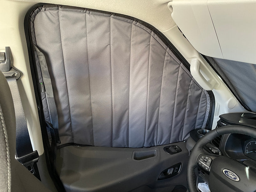 Van Essential Ford Transit Front Door Window Covers (Pair)_Driver Side Installed (Charcoal Gray) - Campervan HQ