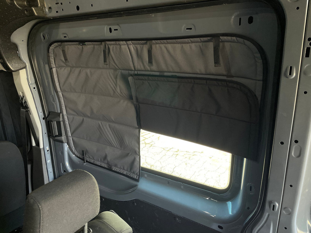 Van Essential Ford Transit Sliding Door Window Cover (Cool Gray Color)_Right Half Folded - Campervan HQ
