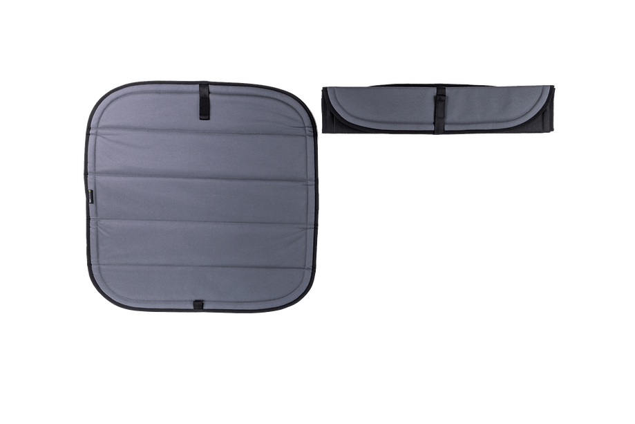 Van Essential Ram ProMaster Rear Door Window Covers (Pair)_Charcoal Gray ( One's Rolled Up) - Campervan HQ
