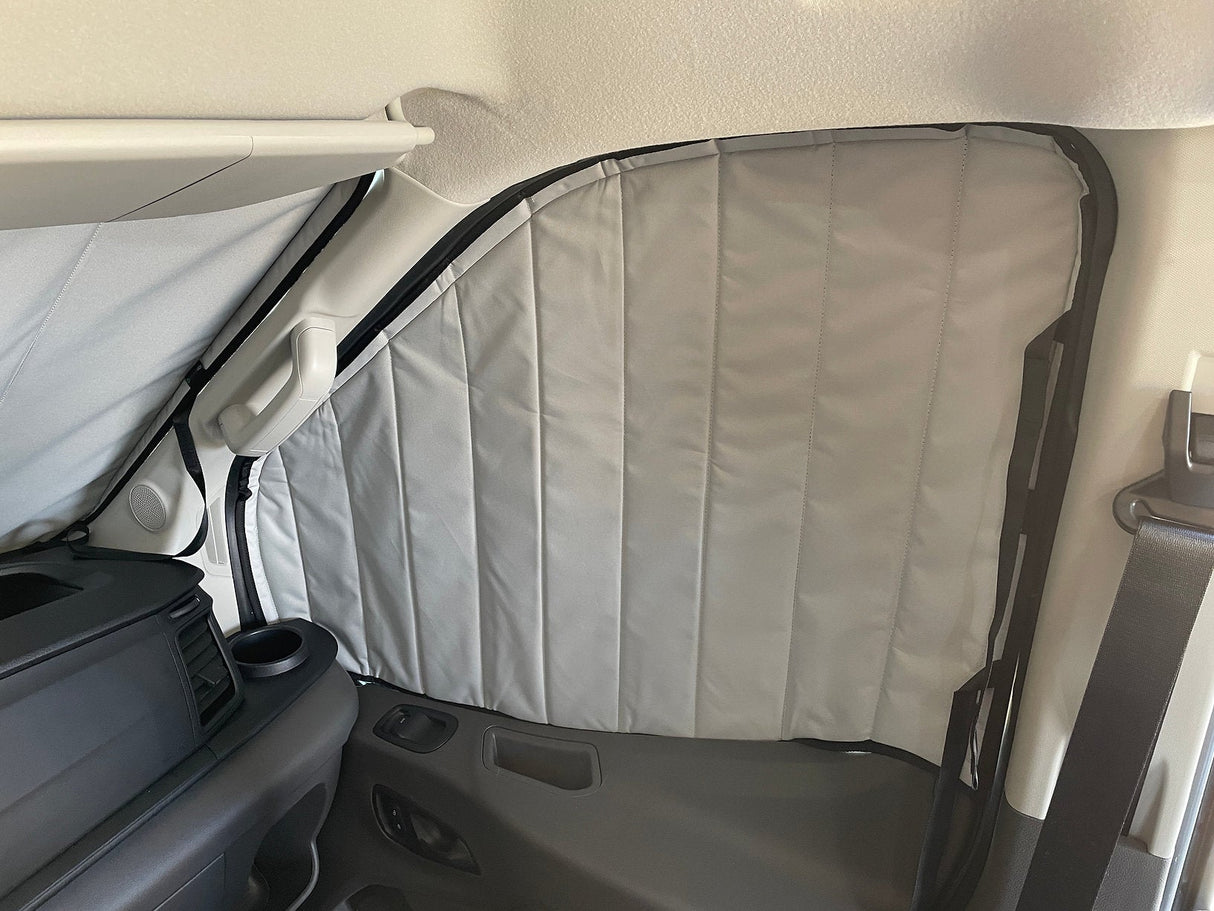 Van Essential Ford Transit Front Door Window Covers (Pair)_Passenger Side Installed (Cool Gray) - Campervan HQ