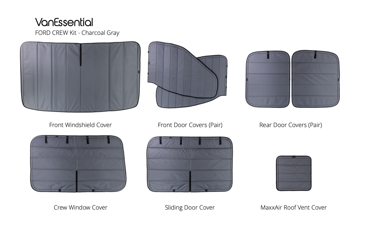 Van Essential Ford Transit Crew Window Covers - Full Set (Charcoal Gray Option) - Campervan HQ