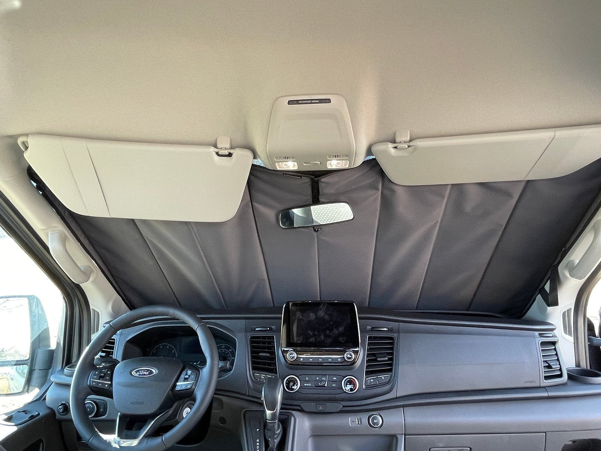 Van Essential Ford Transit Windshield Cover (Installed_Interior View) - Campervan HQ