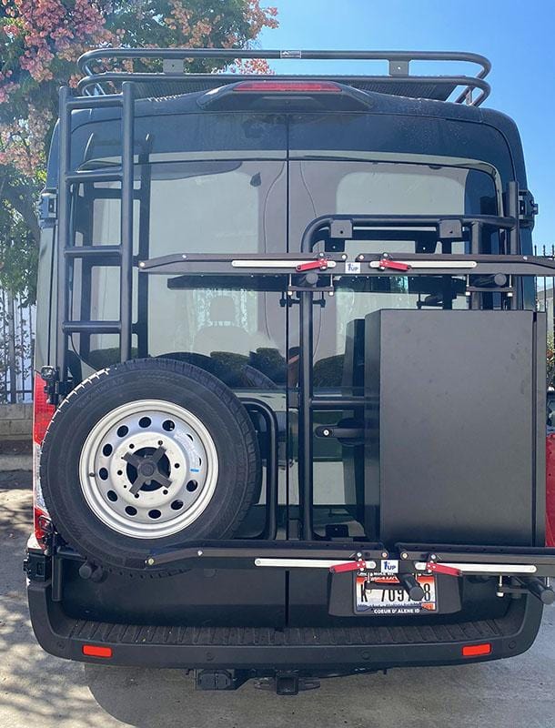 2015+ Ford Transit Bike Rack _with Slim Box and 1-UP Bike Trays ( HO-Back View ) - Campervan HQ