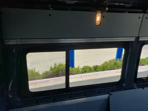 Mercedes Sprinter (2007+) Driver Rear Quarter Half-Slider Window 144″ WB (Inside View) - Campervan HQ