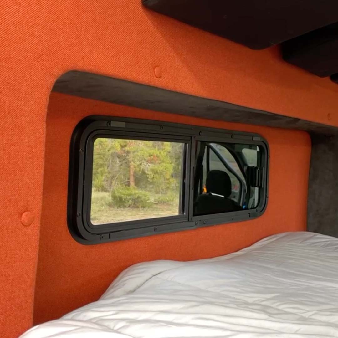 Flarespace Half-Slider Bunk Window (Driver Side)_ (Interior - Open) - Campervan HQ