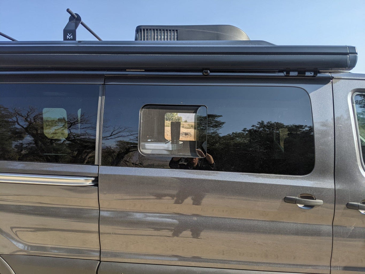 Ford Transit 2015+ Passenger Side Forward Half-Slider Screened Window_Open - Campervan HQ