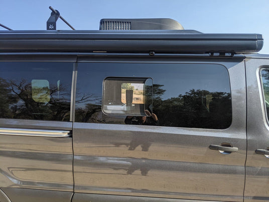 Ford Transit 2015+ Passenger Side Forward Half-Slider Screened Window_Open - Campervan HQ
