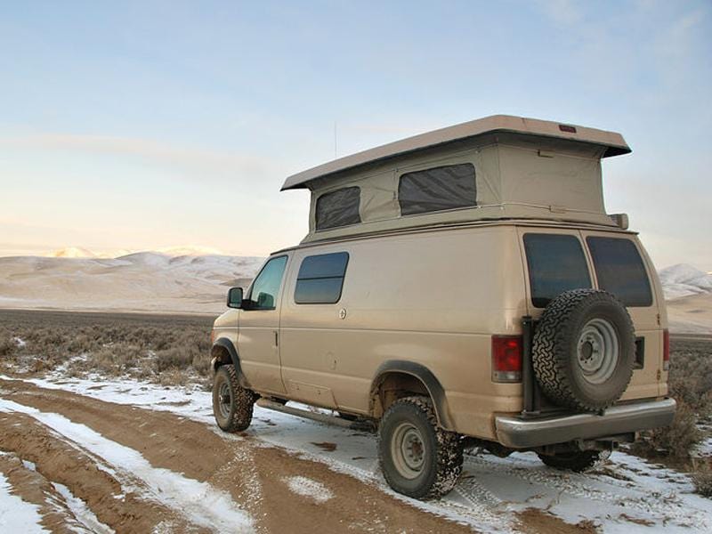 Aluminess Ford E350 Van Tire Rack (1992-2014) Left Rear View - Campervan HQ