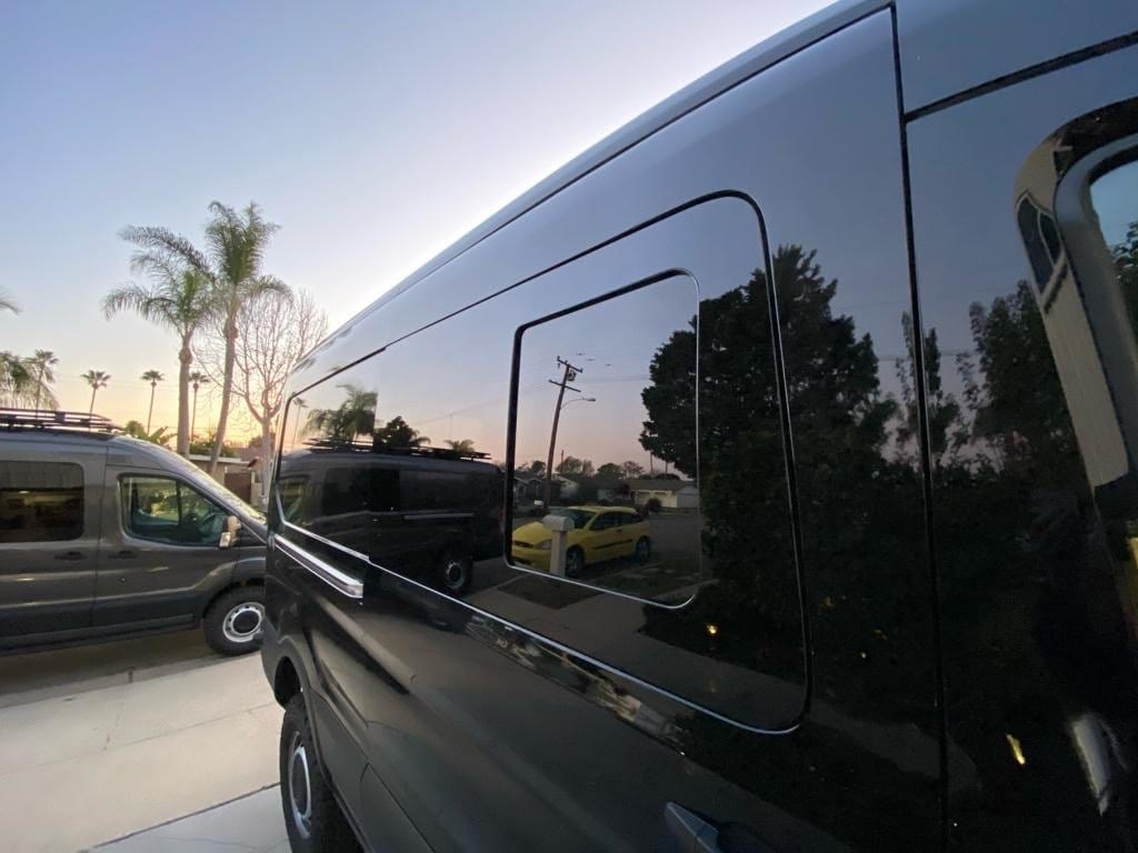 Ford Transit Passenger Side Half-Slider Screened Window ( Exterior Close-Up )- Campervan HQ