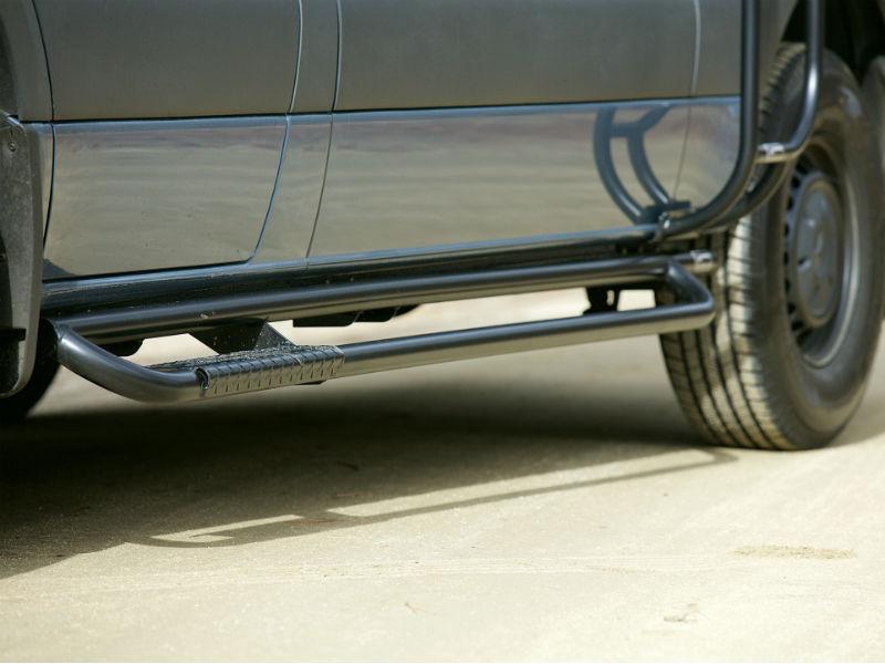 Mercedes Sprinter Nerf Bars for Sprinter 144"WB Van (with Tread Plates, Driver Side Detail) - Campervan HQ
