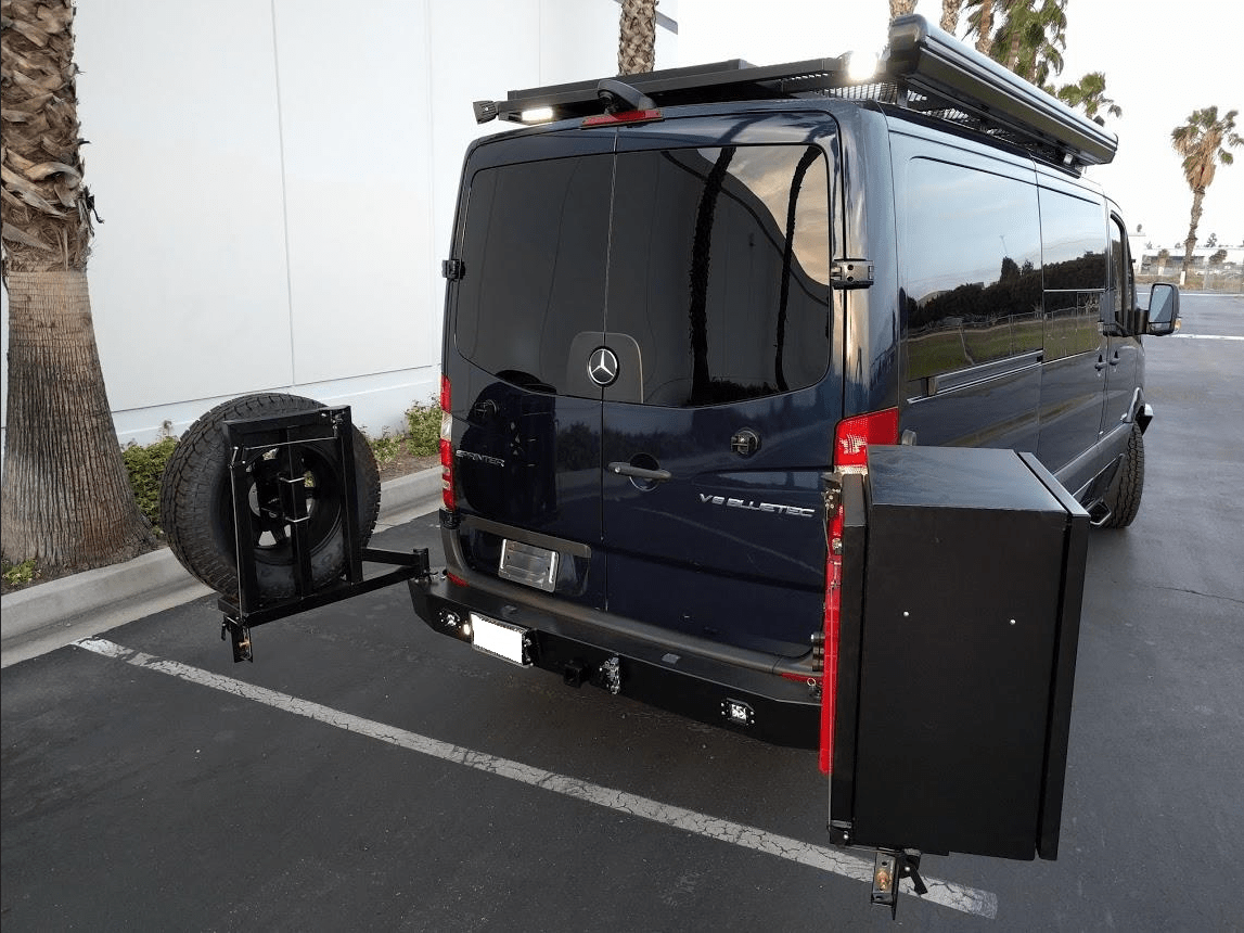 Mercedes Sprinter (2007+) Rear Bumper With Swing Arms (Arms Swung Out) - Campervan HQ