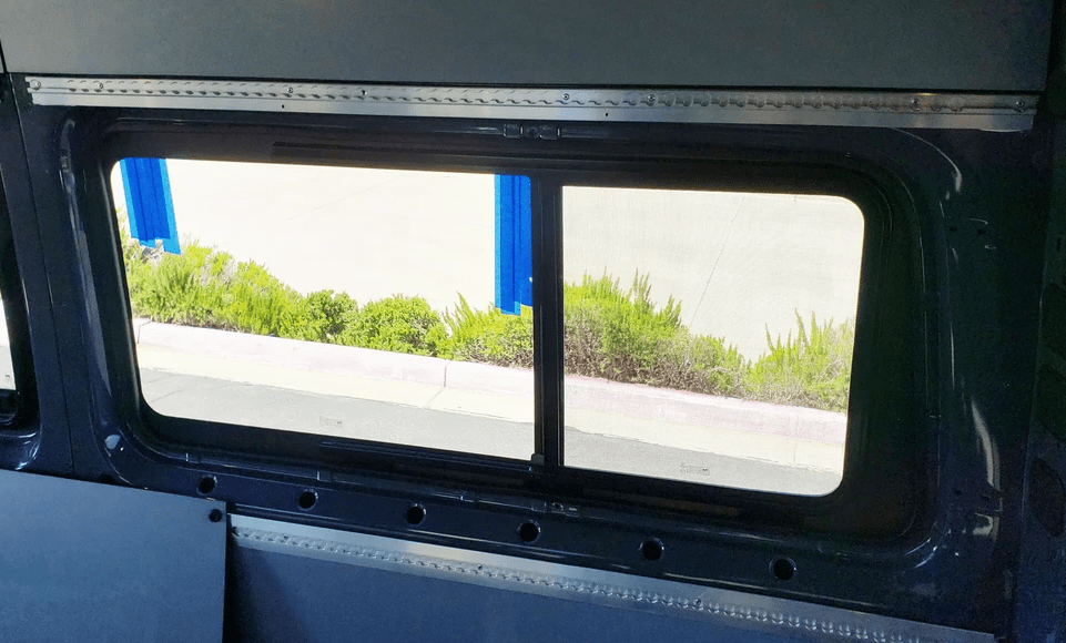 Mercedes Sprinter (2007+) Passenger Rear Quarter Screened Half-Slider Window 144″ WB (Internal View) - Campervan HQ