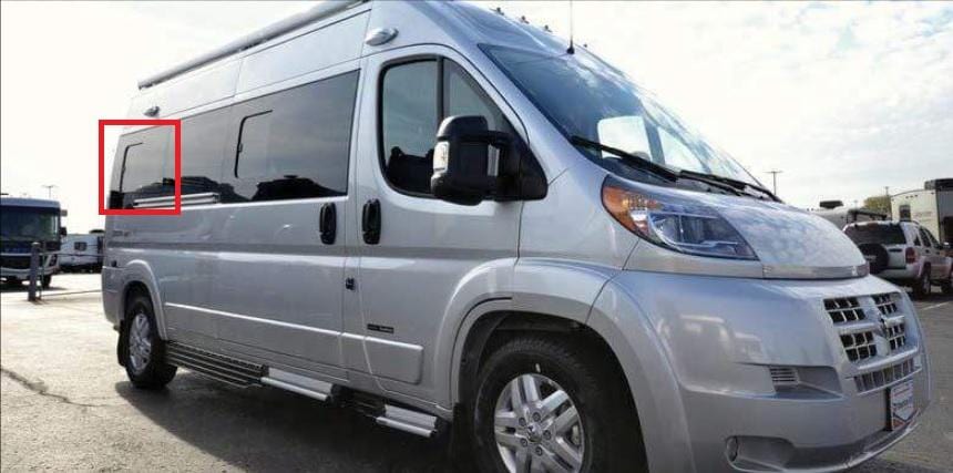 AM Auto Ram ProMaster Passenger Side Rear Quarter Half-Slider Screened Window 159”EXT (PB07-RS3XL-HSS P)_Side View - Campervan HQ
