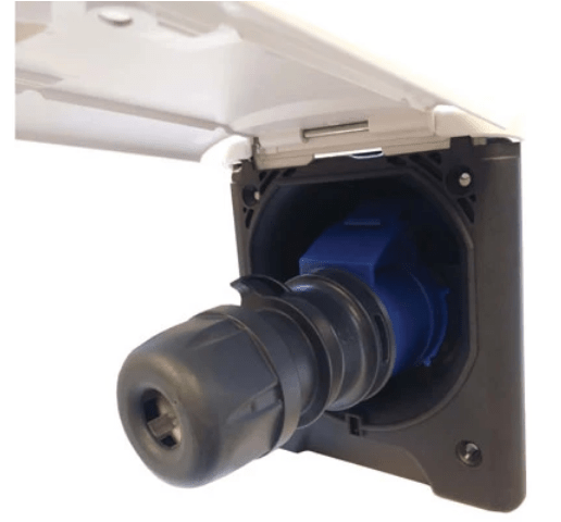 Electrical Receptacle & Electrical Plug ( Electric Port with Plug Inserted) - Campervan HQ