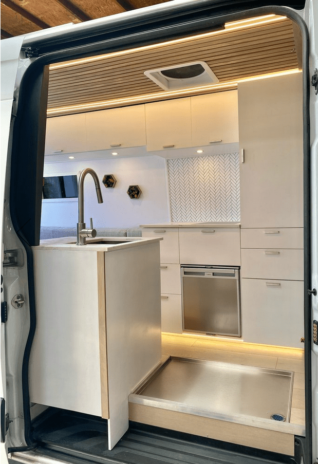RV Hidden Stainless Steal Shower Pan (Installed into Sprinter's Floor) - Campervan HQ