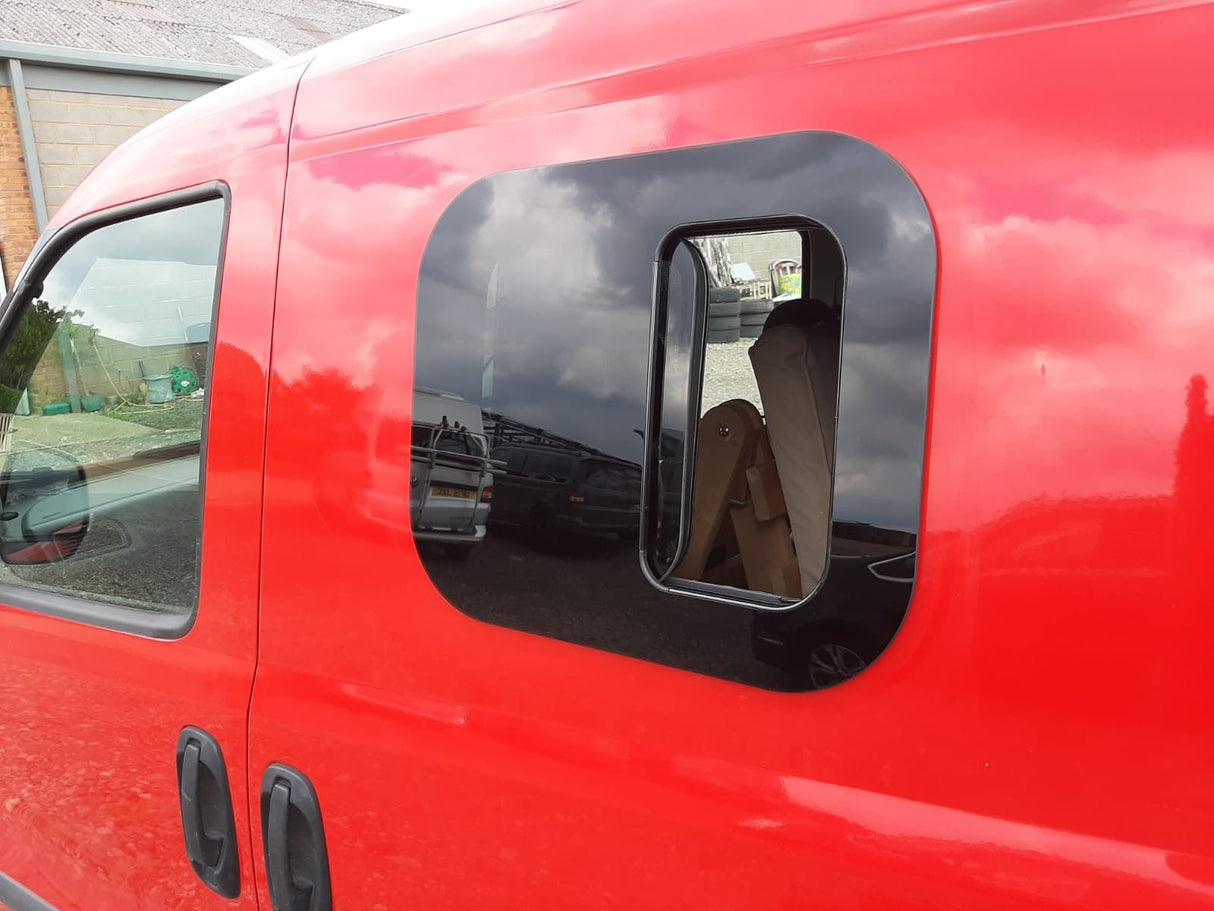 Universal-Fit Driver Side Half-Slider Screened Window (18"H x 15"W)_Open-Side View - Campervan HW