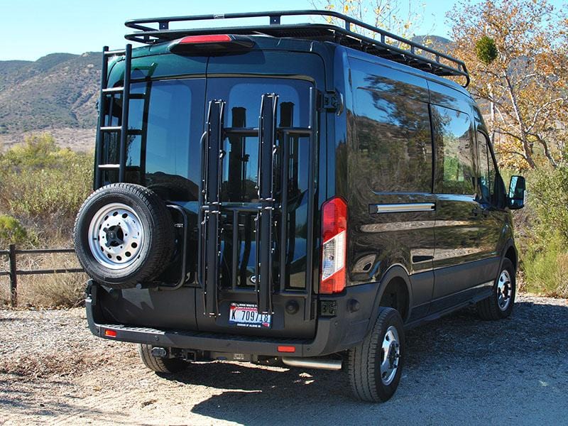 2015+ Ford Transit Bike Rack (with Vertical Mount 1-UP Bike Trays )_Back View - Campervan HQ