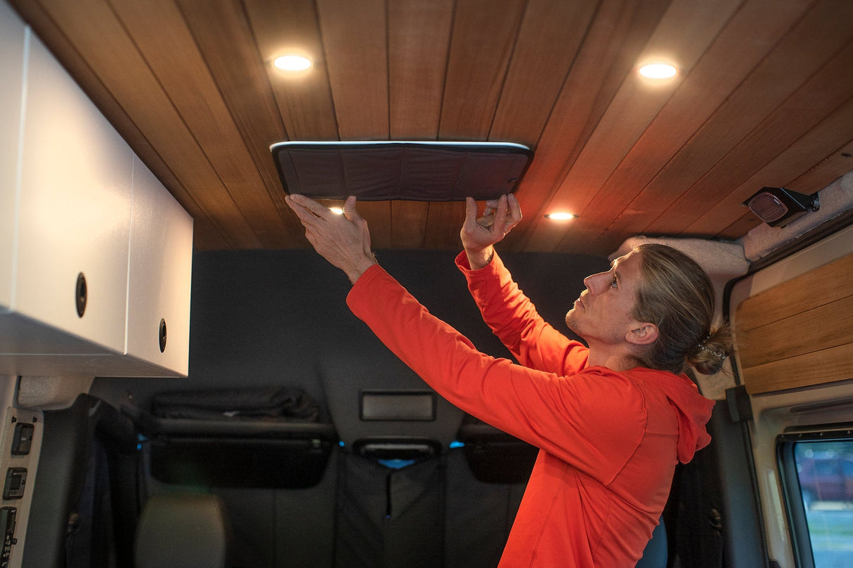 Van Essential Ford Transit Crew Window Covers - Full Set (Roof Vent Cover_Installed) - Campervan HQ