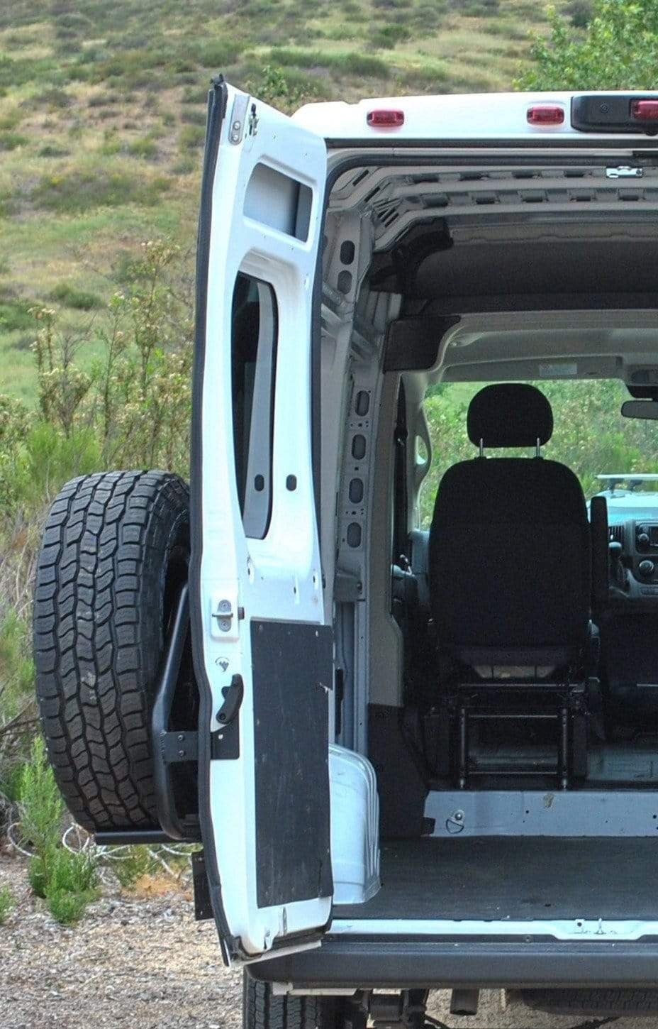 Aluminess Ram Promaster Tire/Box Rack (Rear Door Open) - Campervan HQ