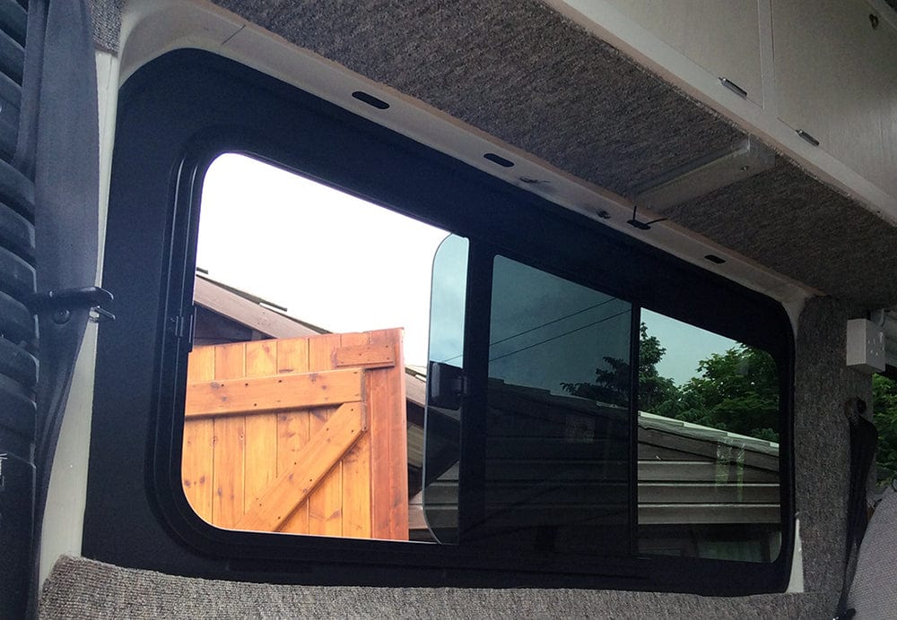 Ram ProMaster Driver Side Rear Quarter Screened Half-Slider Window (136”WB)_Internal View - Campervan HQ