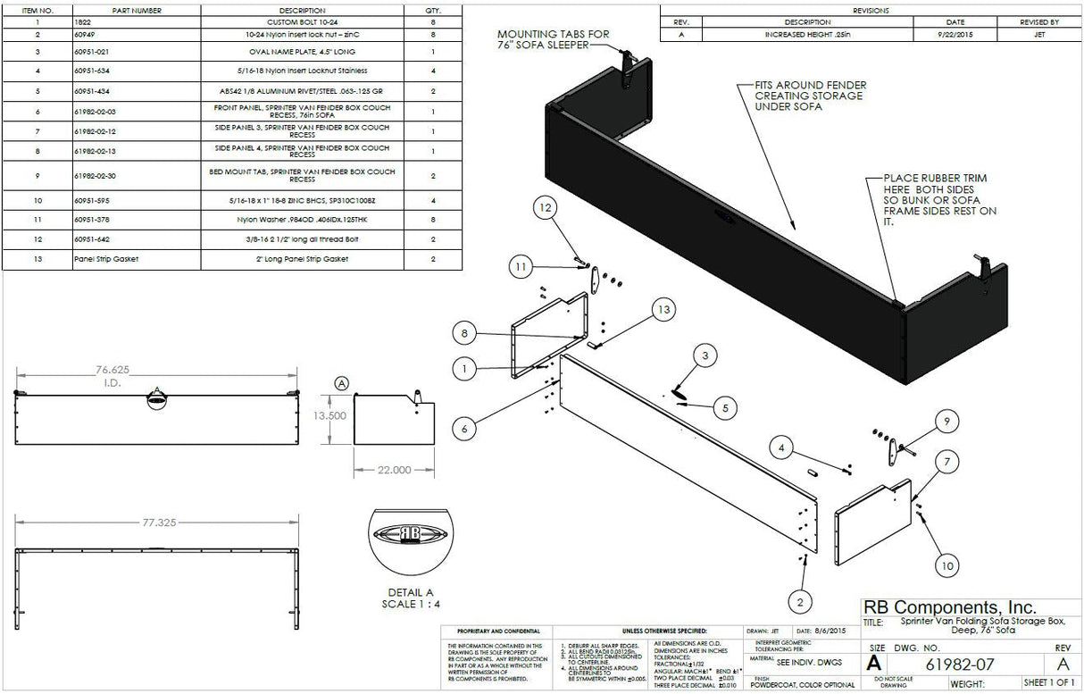 RB Components Sofa Storage Box, 76", Deep