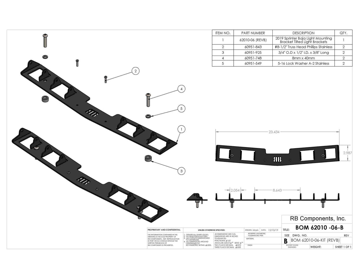 RB Components Sprinter Van 4 Light Mounting Bracket