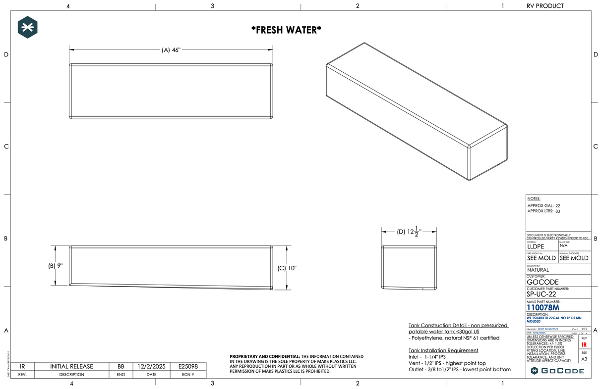 Northwest Conversions 22 Gallon Mercedes Sprinter Driver Side Undercarriage Water Tank