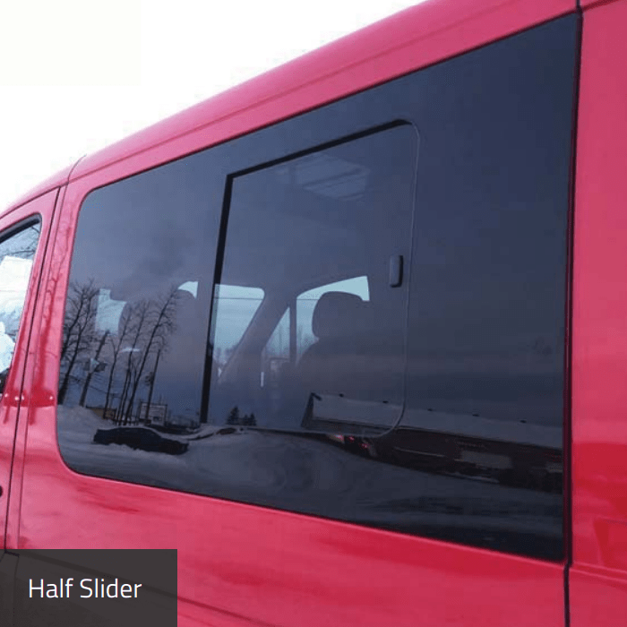 AM Auto - Sprinter - Driver Side - Rear Window - Half Slider w/ Screen -  144 WB w/ Driver Side Sliding Door - MS06-LS2M-HSS P - Vanlife Outfitters