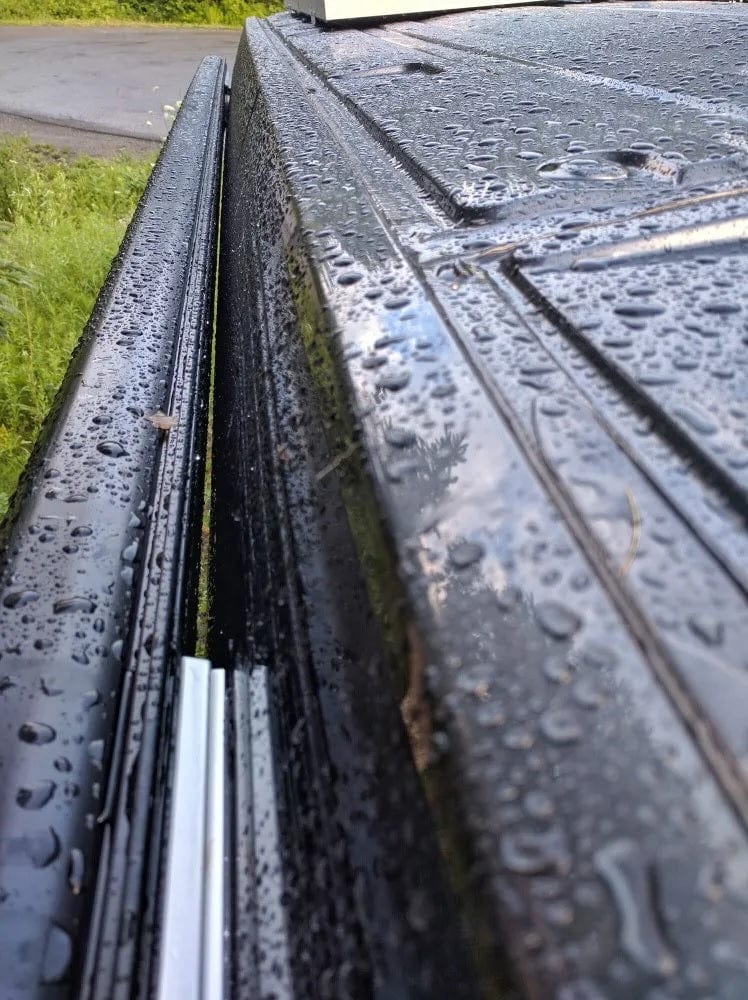 Fiamma F45S 300 RV Awning (Black Case, 10')_ Mounted on a Transit Van ( Close Up ) - Campervan HQ